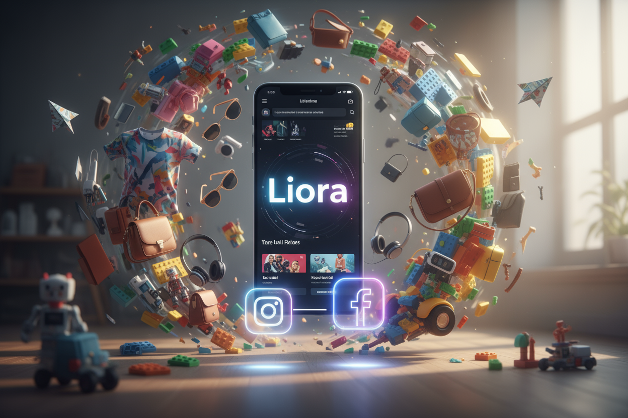 Create a hyper-realistic stylish poster with , featuring a mobile ecom site[Liora] above a Instagram and facebook hologram icons surrounding this central action, a chaotic whirlwind of items like, t-shirts, bags, sunshade accessories , headset, lego pieces and toys violently as if caught in a miniature torna, with hyper-detailed, mini paper rocket floating around, all illuminated by soft, volumetric daylight pouring in from a large window off-camera, creating a sense of depth and dime